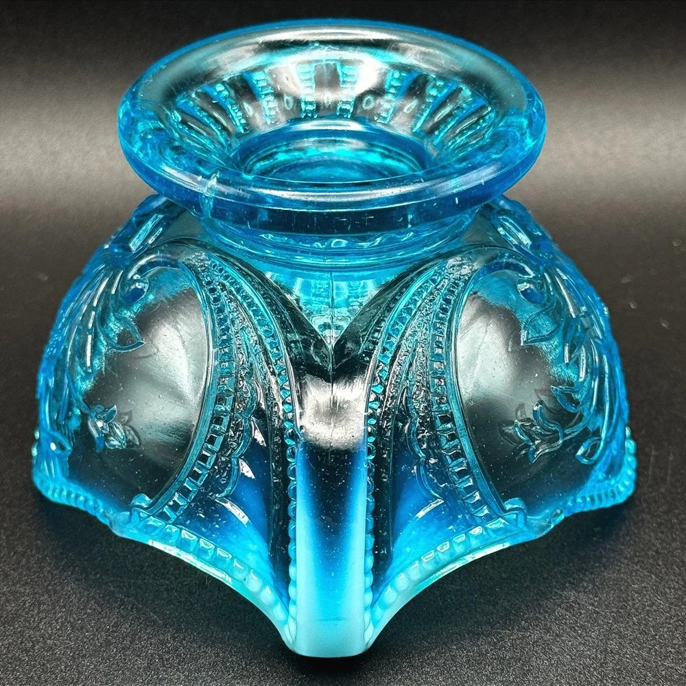 Antique Jefferson Glass Beaded Fleur de Lis Blue Opalescent Bowl c1905 Candy Nut